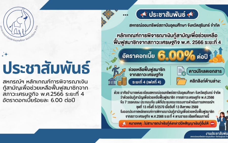 ประชาสัมพันธ์ : สหกรณ์ฯ หลักเกณฑ์การพิจารณาเงินกู้สามัญเพื่อช่วยเหลือฟื้นฟูสมาชิกจากสภาวะเศรษฐกิจ พ.ศ.2566 ระยะที่ 4 อัตราดอกเบี้ยร้อยละ 6.00 ต่อปี 